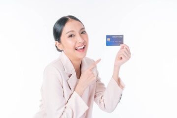 Business Asian woman showing credit card for payment shopping online isolated on white background , paying by credit card online shopping  e-commerce telemarketing concept