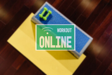 workout sign online, due to the closure of the hall during a pandemic. Set of fitness accessories:...