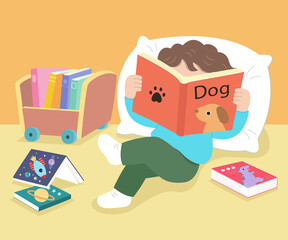 The boy leaned on the pillow and read a book. There was a small bookcase and books next to it.