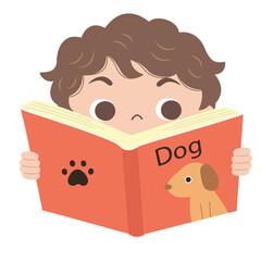 The boy took a book about dogs and looked aside