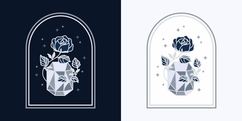 Vector feminine logo design templates in trendy linear minimal style. Peony, rose flowers and botanical leaf branch. Emblem, symbols and icons for cosmetics, jewellery, beauty and handmade products