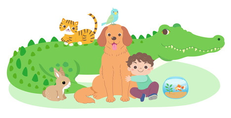 Boys and pets, from small to large, including goldfish, birds, rabbits, cats, dogs, crocodiles