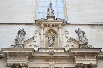 Fototapeta na wymiar Front facade of Notre Dame Cathedral with intrigue decoration and sculpture, Luxembourg 
