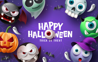 Happy halloween text vector background design. Halloween and trick or treat typography with scary, spooky, creepy and cute mascot characters. Vector illustration.