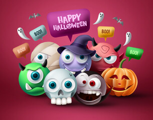Fototapeta premium Halloween character vector design. Happy halloween text in speech bubble element with scary, spooky, creepy and cute mascot characters in red background. Vector illustration.
