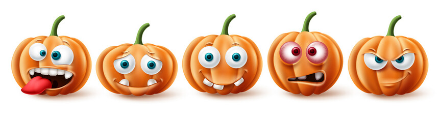 Halloween pumpkins vector set. Halloween pumpkin character in funny, happy and scary facial expression for element collection isolated in white background. Vector illustration. - obrazy, fototapety, plakaty