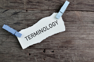 White paper written with text TERMINOLOGY isolated on a wooden background