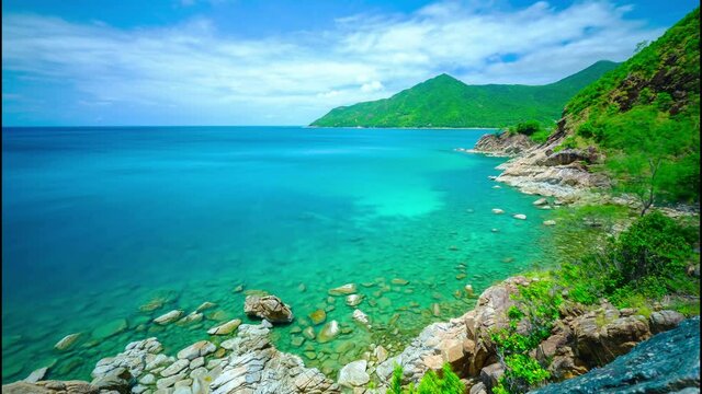 4k landscape timelapse movement "Ao Hin Ngam" bay rock beach, clear water beach, stone and blue sky  cloud on summer , baan Chaloklum ,koh pha ngan ,Suratthani ,south of thailand