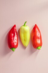 Top view of three sweet peppers of different colors, which lie in the center