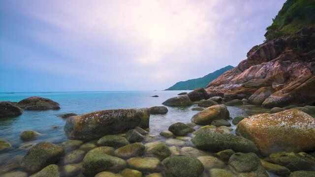 4k landscape timelapse movement "Ao Hin Ngam" bay rock beach, clear water beach, stone and blue sky  cloud on summer , baan Chaloklum ,koh pha ngan ,Suratthani ,south of thailand