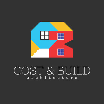 Architecture firm logo. Flat logo of a house made from geometric letter C and B with the stairs, roof and windows, with ‘Cost & Build’ logo text below and ‘architecture’ as tagline lower. EPS8.