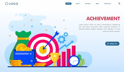 Achievement winning trophy, business, target concept, landing page website illustration flat vector template