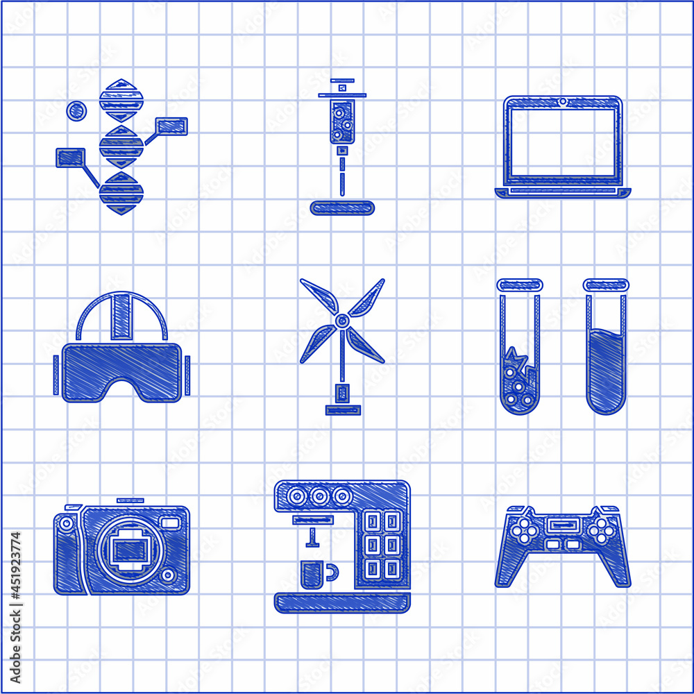 Sticker Set Wind turbine, Coffee machine, Gamepad, Test tube and flask, Mirrorless camera, Virtual reality glasses, Laptop and DNA symbol icon. Vector