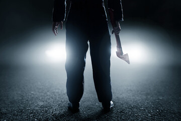 Serial killer with bloody axe - obrazy, fototapety, plakaty