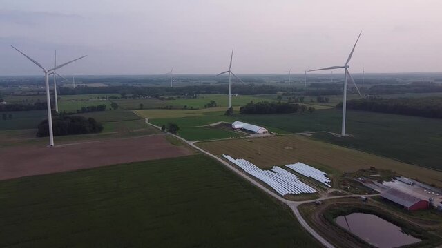 Aerial View Of Wind Turbines In The Fields - DTE Isabella Wind Farm, Isabella County, Mt Pleasant, Michigan - drone shot