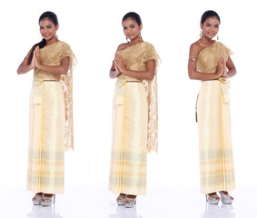 Full Length of 20s Asian Woman wear Thai Gold traditional costume or Golden wedding bride dress