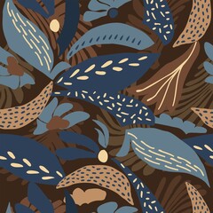 Seamless nature autumn pattern, gardening. Abstract shapes and leaves, drawing on dark brown background, hand drawn, packaging, wallpaper, design for textiles, vector illustration.