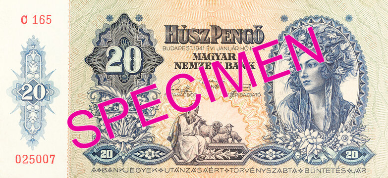 historic 20 hungarian pengo banknote (1941) obverse specimen