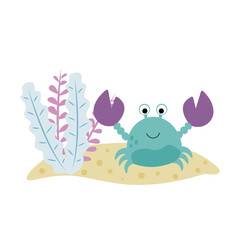 Cute cartoon crab in seaweed on beige sand.