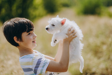Friendship of a child with a dog. Happy boy holding a West Highland White Terrier puppy in his arms. The child walks with his puppy in the summer in the park.