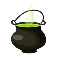 Witches Cauldron of Poisonous Green Potion. Halloween decoration icon. Cartoon flat vector illustration isolated on white background