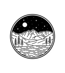 Colorado landscape at night in mono line art, patch badge design, emblem design, T-Shirt Design