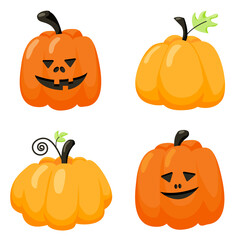 Cartoon halloween pumpkin set. Orange whole pumpkins and cute vegetables with carved faces. Flat vector illustration isolated on white background