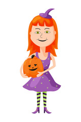 Cute little witch girl with hat and Halloween pumpkin in her hands. Cartoon female character in costume. Witchcraft concept. Flat vector illustration isolated on white background
