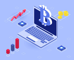 Cryptocoin mining farm concept. Analysis of growth of value cryptocurrency. Laptop with image of Bitcoin sign. Sales statistics. Isometric modern vector illustration isolated on blue background