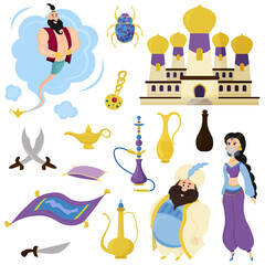 Set of Arabic portraits and cartoon-style characters. Sultan, genie, vessel, magic lamp, carpet, palace