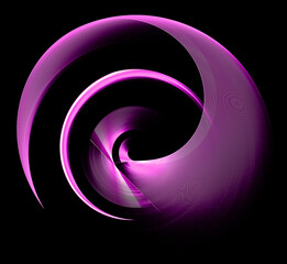 Magenta straight and curved elements are layered and rotated against a black background. Graphic design element. Logo, sign, icon, symbol. 3d rendering. 3d illustration.