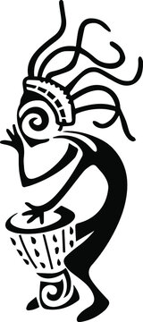 Kokopelli fertility deity vector tattoo illustration. Native Americans ethnic black tattoo aztec symbol. Black Kokopelli with flute isolated on white. African spirit of music.