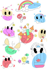 Set of vector cute illustrations with graphic design elements. Fashion character collections for kids stickers, prints