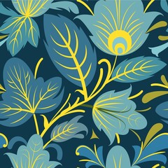 Fototapeta premium Blue vegetable seamless pattern. Gold. Cool ornament. Interlacing of branches and flowers. Background illustration. Flat cute symbolic style. Vector
