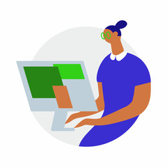 Comic woman work on computer.Programmer on remote work, distance E-learning or online training.Lady developer with glasses with monitor. Funky figures style.Raster illustration for design web sites