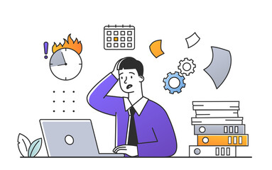 Stress in office concept. Tired secretary sitting at his desk and working with documents on laptop. Man does not have time to complete task by deadline. Cartoon doodle flat vector illustration
