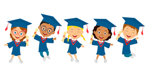 cute cartoon graduation kids jump with diploma