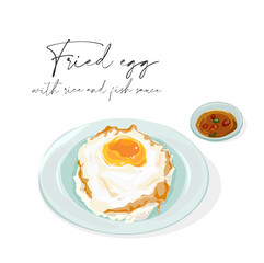 Fried egg with rice and fish sauce traditional Thai food. Vector food on white background.