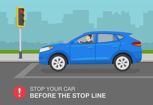 Driving a car. Stop line rule. Blue suv car stopped at red traffic light signal. Flat vector illustration template.