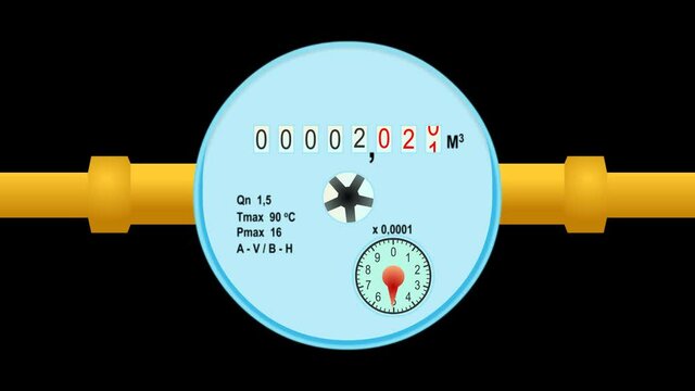 Water meter animation. Odometer numbers 2022, 2023, 2024. Transparent background with alpha channel. Water movement indicator and dial. Water consumption saving concept.