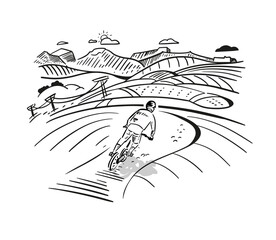 Bike park, cyclist at beginning of track. Landscape among hills, mountains. Hand draw vector illustration.