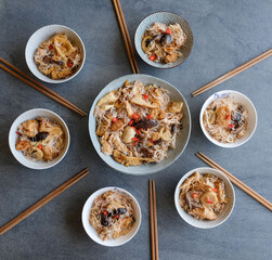 Abstaining from meat consumption on the first day of Chinese New Year believed to enhanced longevity. Buddha Delight Noodle. Fresh and dried ingredients including meat imitation, fermented bean curds.