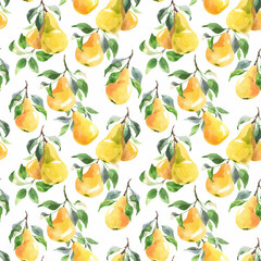 Beautiful vector seamless pattern with hand drawn watercolor tasty summer pear fruits. Stock illustration.