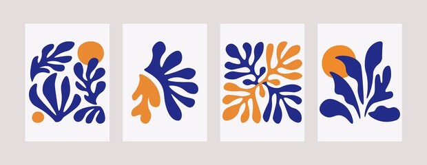 Fototapeta na wymiar Matisse inspired floral art print set. Mid century contemporary posters organic shapes and leaves. Abstract vector backgrounds