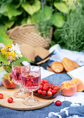 Set for picnic on blanket in lavender field