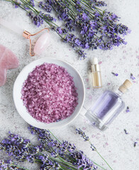 Fototapeta na wymiar Natural herb cosmetic with lavender flowers