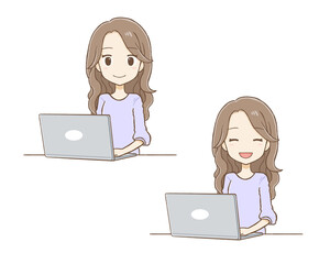 パソコン操作をするロングヘアの女性　表情2種