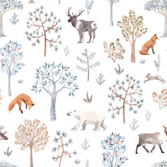 Beautiful winter seamless pattern with hand drawn watercolor cute trees and forest bear fox deer animals. Stock illustration.