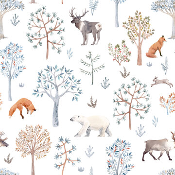Beautiful winter seamless pattern with hand drawn watercolor cute trees and forest bear fox deer animals. Stock illustration. © zenina