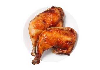 Thai style grilled chicken in ceramic dish on white background